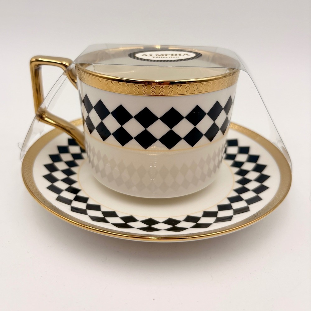 Almeria Collection Black White Harlequin Diamond Gold Trim Cup and Saucer Set